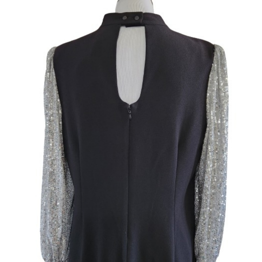 🆕️⬇️Nicole Miller Black Stretch Crepe Camille Dress With Sequin Puff Sleeves - Picture 4 of 15